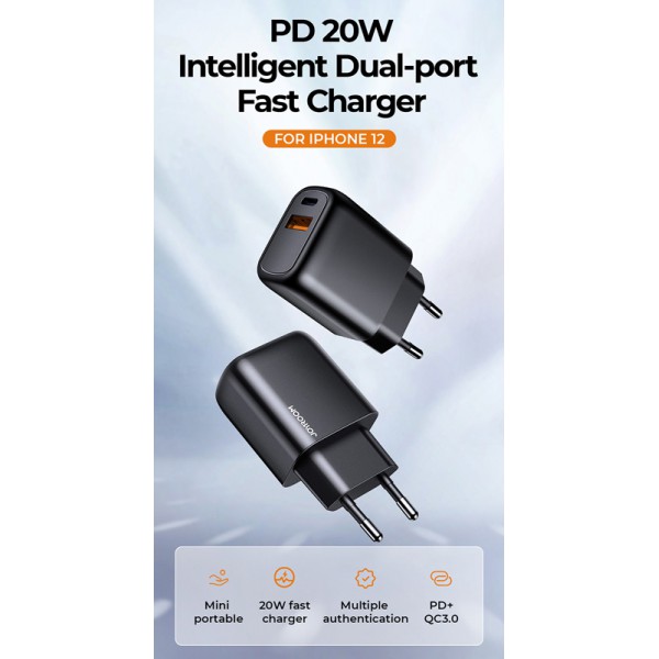 JOYROOM φορτιστής τοίχου L-QP204, USB + Type-C, 3A, μαύρος JOYROOM φορτιστής τοίχου L-QP204, USB + Type-C, 3A, μαύρος