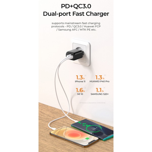 JOYROOM φορτιστής τοίχου L-QP204, USB + Type-C, 3A, μαύρος JOYROOM φορτιστής τοίχου L-QP204, USB + Type-C, 3A, μαύρος