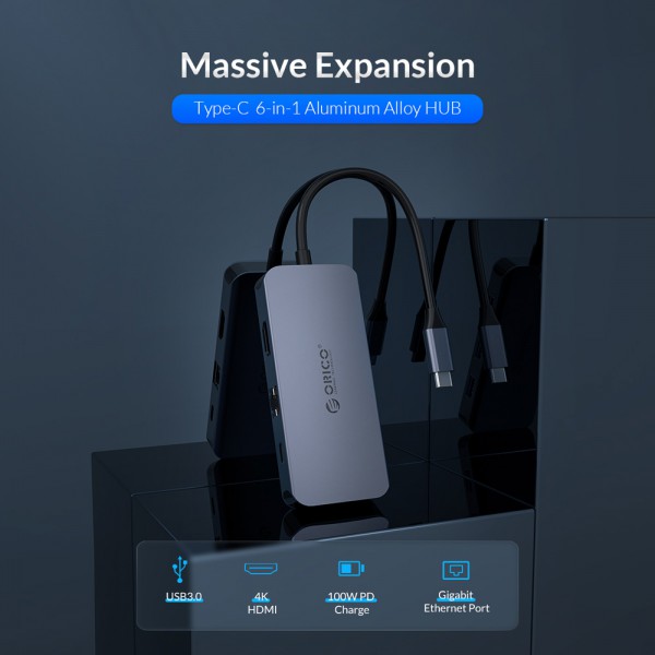 ORICO docking station MC-U602P, USB Type-C, 6-ports, γκρι