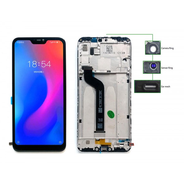 LCD για Xiaomi Redmi 6 Pro, Camera-Sensor ring, ear mesh, frame, μαύρη