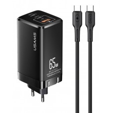 USAMS φορτιστής τοίχου MTXLOGTC01 GaN με καλώδιο, 3xUSB, 65W, μαύρο