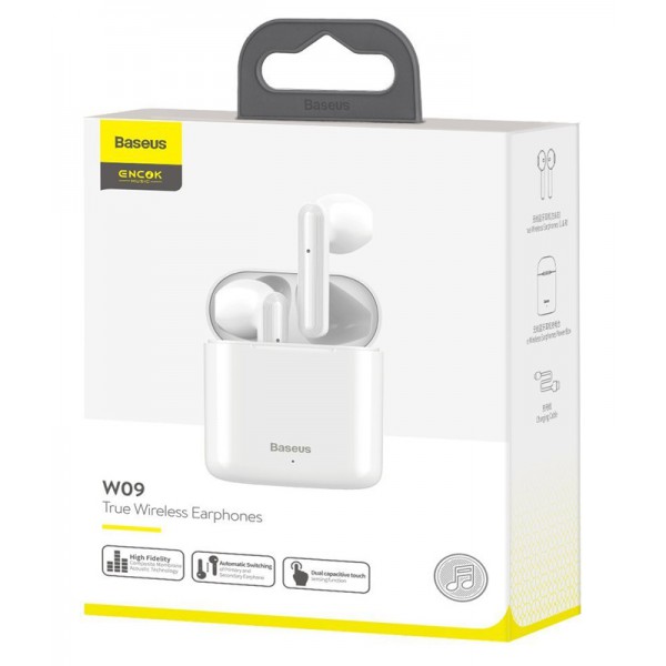 BASEUS earphones ENCOK W09, true wireless, με θήκη φόρτισης, λευκά