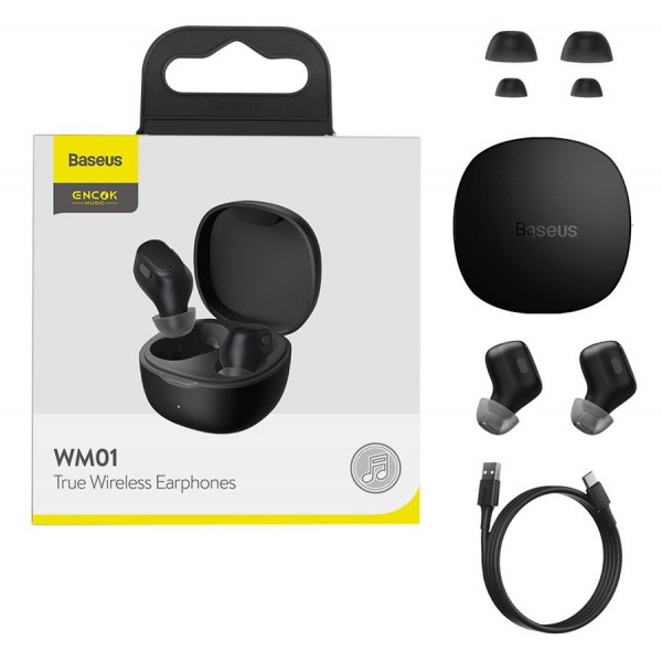 BASEUS earphones ENCOK WM01, true wireless, με θήκη φόρτισης, μαύρα BASEUS earphones ENCOK WM01, true wireless, με θήκη φόρτισης, μαύρα