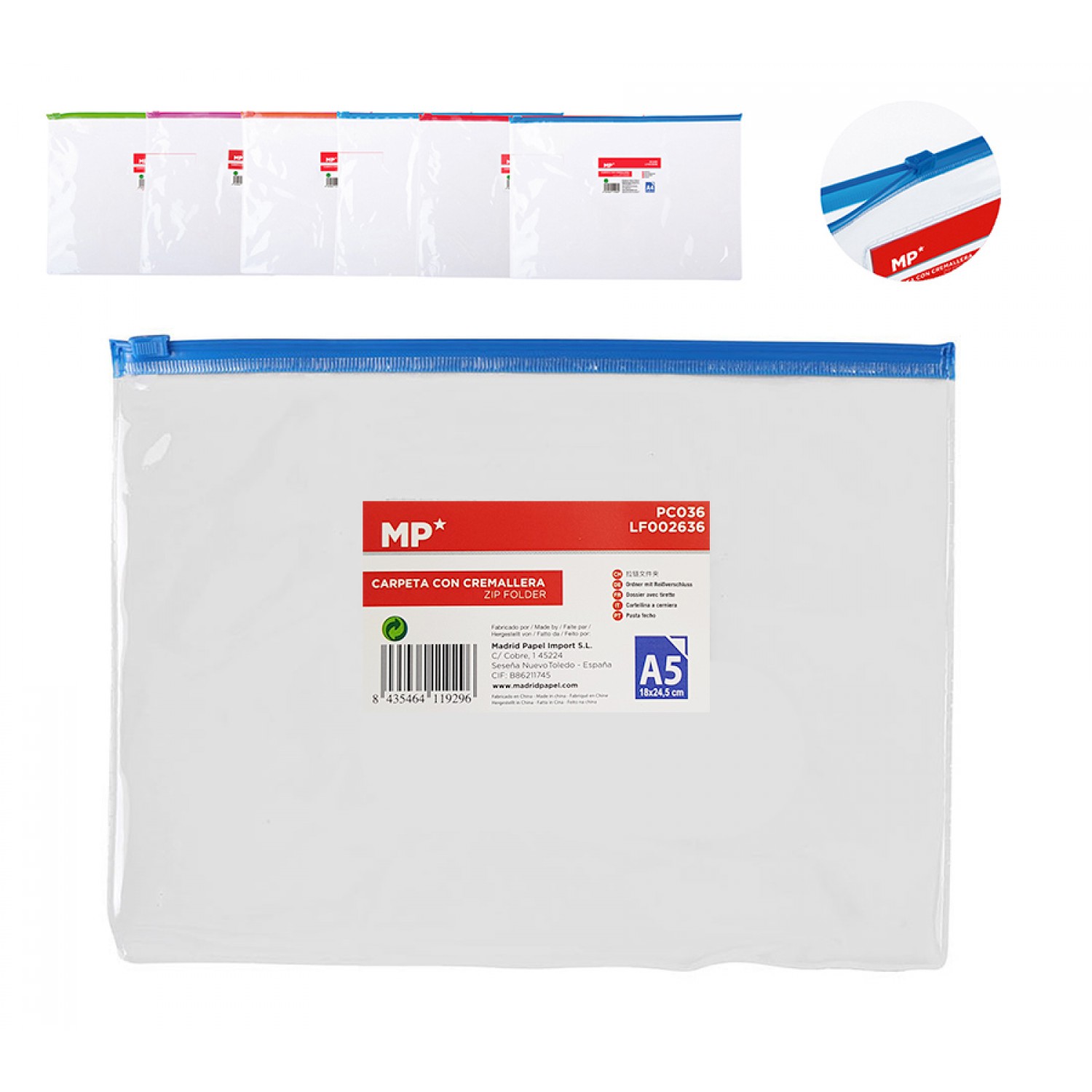 MP διάφανος φάκελος με zip PC036, 18 x 24.5cm, 24 τμχ, χρωματιστοί