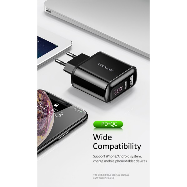 USAMS φορτιστής τοίχου T23 & καλώδιο, USB & type-C, οθόνη, 18W, μαύρος USAMS φορτιστής τοίχου T23 & καλώδιο, USB & type-C, οθόνη, 18W, μαύρος