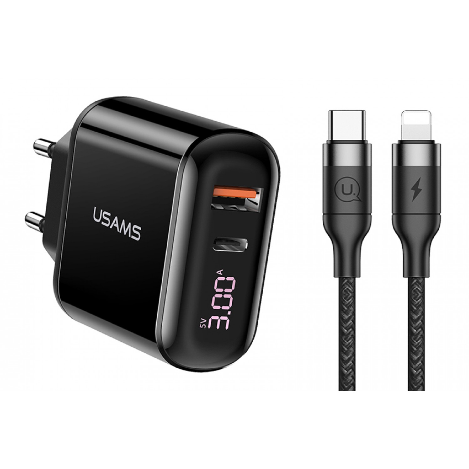 USAMS φορτιστής τοίχου T23 & καλώδιο, USB & type-C, οθόνη, 18W, μαύρος USAMS φορτιστής τοίχου T23 & καλώδιο, USB & type-C, οθόνη, 18W, μαύρος