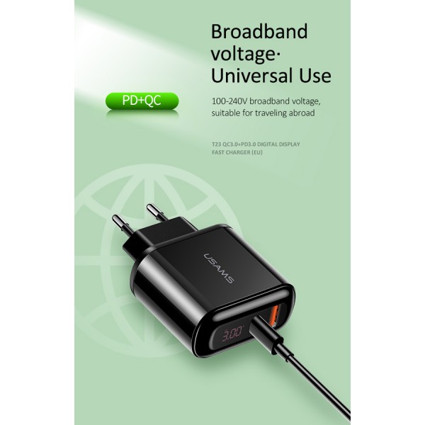 USAMS φορτιστής τοίχου T23 & καλώδιο, USB & type-C, οθόνη, 18W, μαύρος USAMS φορτιστής τοίχου T23 & καλώδιο, USB & type-C, οθόνη, 18W, μαύρος