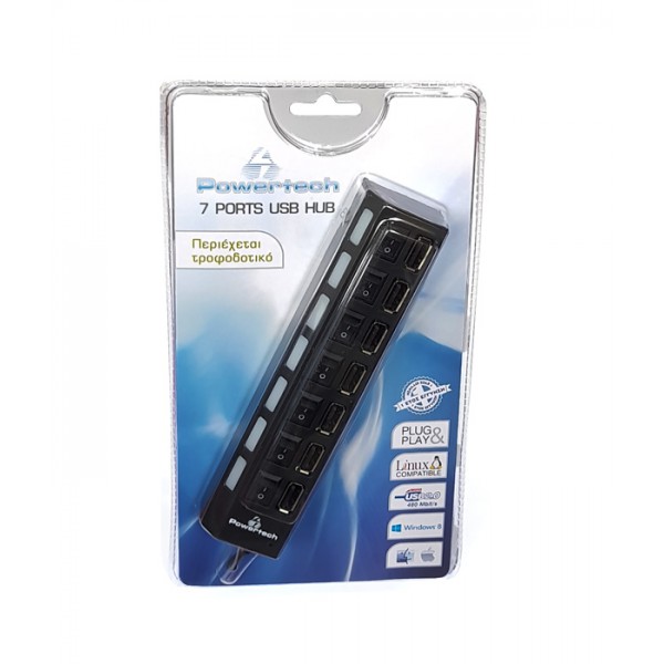 POWERTECH USB 2.0 Hub PT-111, 7 θύρες + Μετασχηματιστής ρεύματος POWERTECH USB 2.0 Hub PT-111, 7 θύρες + Μετασχηματιστής ρεύματος