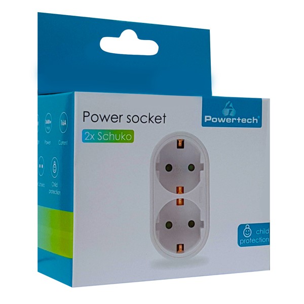POWERTECH αντάπτορας ρεύματος PT-820, 2x schuko, 250V 16A, λευκός POWERTECH αντάπτορας ρεύματος PT-820, 2x schuko, 250V 16A, λευκός