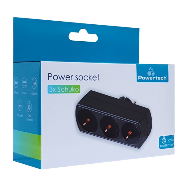 POWERTECH αντάπτορας ρεύματος PT-823, 3x schuko, 250V 16A, μαύρος