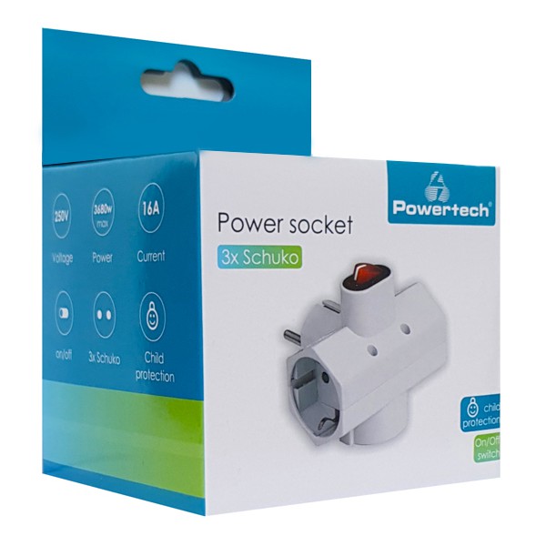 POWERTECH αντάπτορας ρεύματος PT-824, 3x schuko, 250V 16A, λευκός