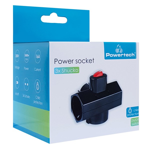 POWERTECH αντάπτορας ρεύματος PT-825, 3x schuko, 250V 16A, μαύρος