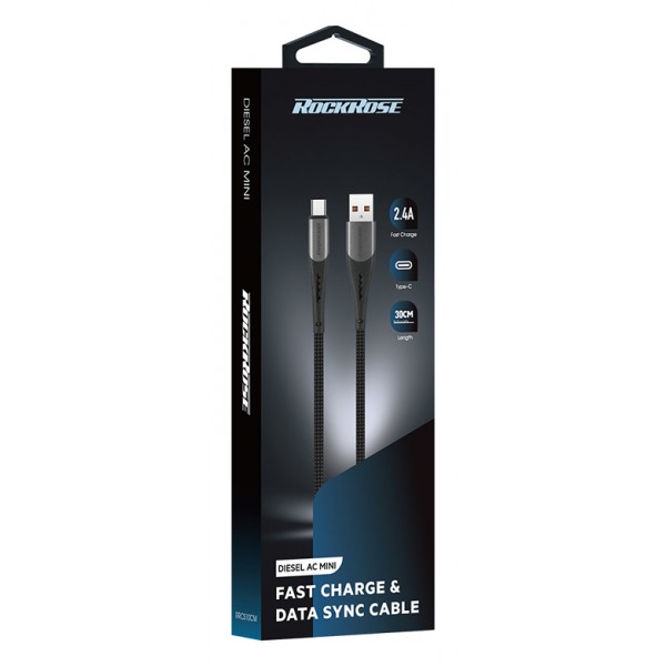 ROCKROSE καλώδιο USB σε USB Type-C Diesel AC Mini, 2.4A, 30cm, μαύρο ROCKROSE καλώδιο USB σε USB Type-C Diesel AC Mini, 2.4A, 30cm, μαύρο