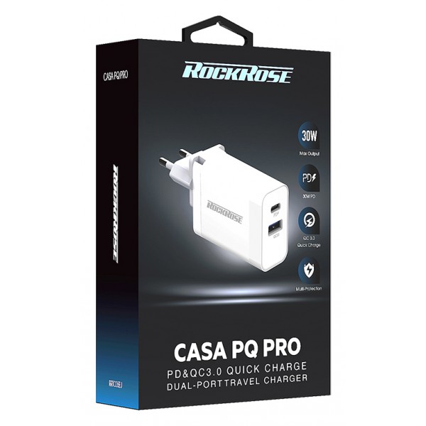 ROCKROSE φορτιστής τοίχου Casa PQ Pro, 2x USB, PD, QC 3.0, 30W, λευκός ROCKROSE φορτιστής τοίχου Casa PQ Pro, 2x USB, PD, QC 3.0, 30W, λευκός
