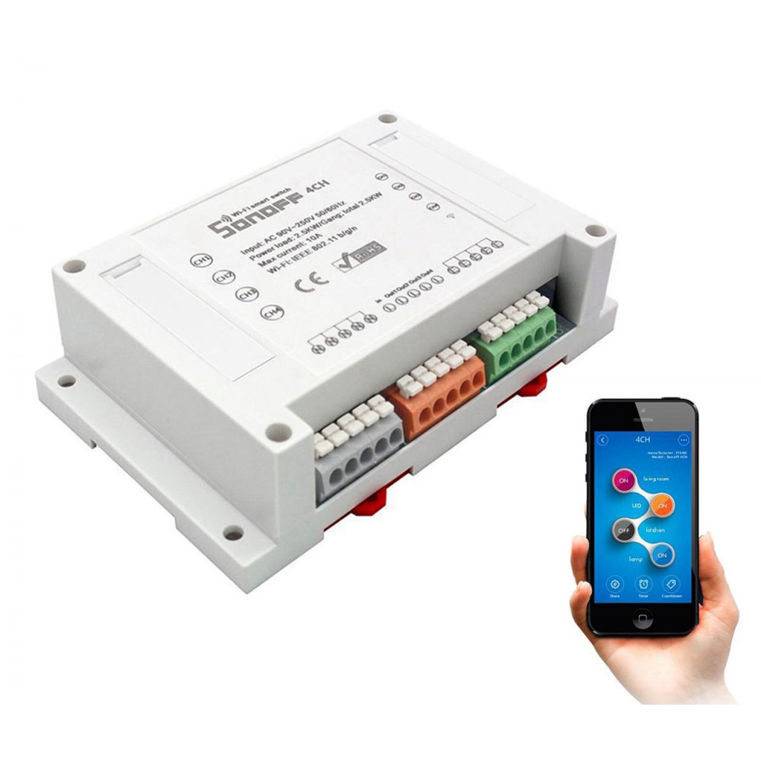 SONOFF Smart Διακόπτης WiFi 4CH R2, 4 θέσεων, 10A, WiFi, λευκό SONOFF Smart Διακόπτης WiFi 4CH R2, 4 θέσεων, 10A, WiFi, λευκό