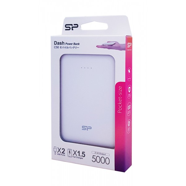 SILICON POWER Power Bank C50 5000mAh, 2x USB Output, White SILICON POWER Power Bank C50 5000mAh, 2x USB Output, White
