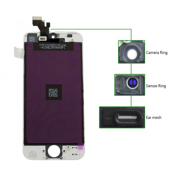 TIANMA High Copy LCD για iPhone 5S, Camera-Sensor ring, ear mesh, White