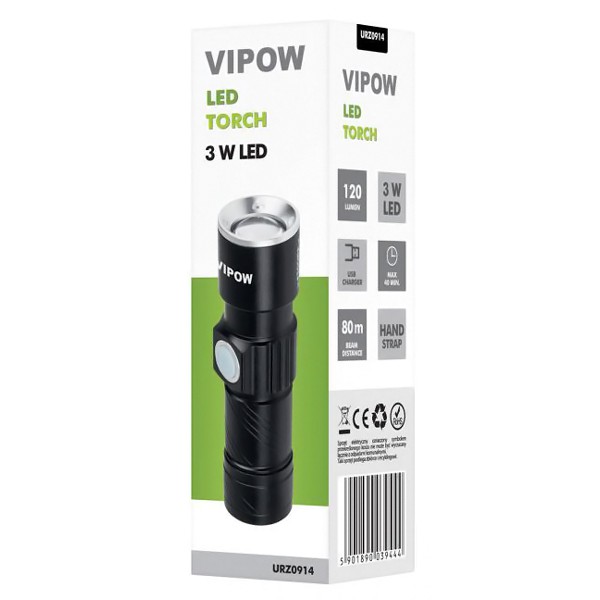VIPOW φακός URZ0914 με ζουμ, 3W 120 lumen, μεταλλικός, μαύρος VIPOW φακός URZ0914 με ζουμ, 3W 120 lumen, μεταλλικός, μαύρος