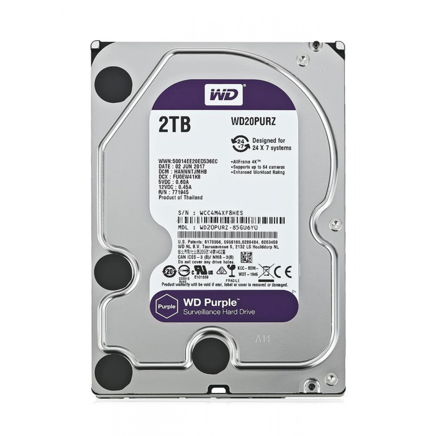 WD σκληρός δίσκος 3.5" Purple Surveillance 2TB, 64MB, 5400RPM, SATA III WD σκληρός δίσκος 3.5" Purple Surveillance 2TB, 64MB, 5400RPM, SATA III