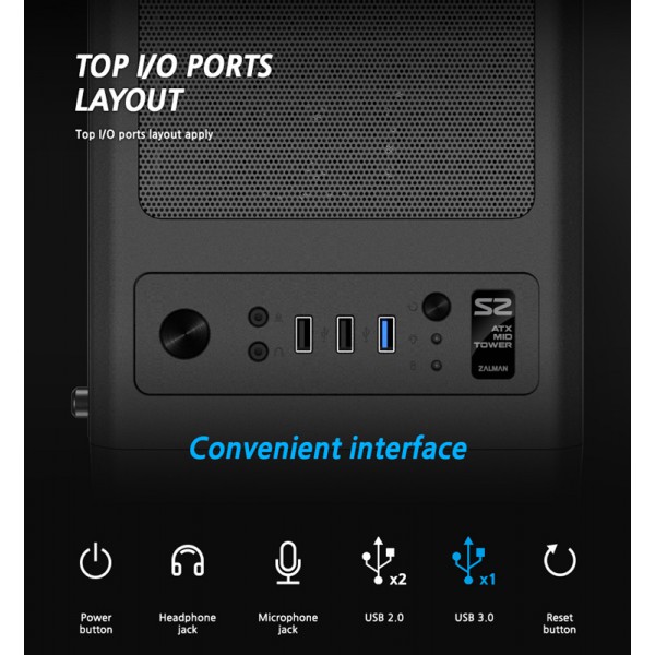 ZALMAN PC case S2 TG, mid tower, 412x189x451mm, 3x fan, διάφανο πλαϊνό