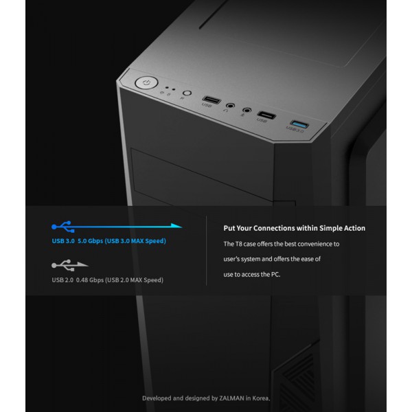 ZALMAN PC case ATX mid tower T8, 394.5x200x423mm, 1x fan ZALMAN PC case ATX mid tower T8, 394.5x200x423mm, 1x fan