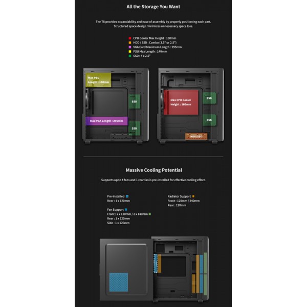 ZALMAN PC case ATX mid tower T8, 394.5x200x423mm, 1x fan ZALMAN PC case ATX mid tower T8, 394.5x200x423mm, 1x fan