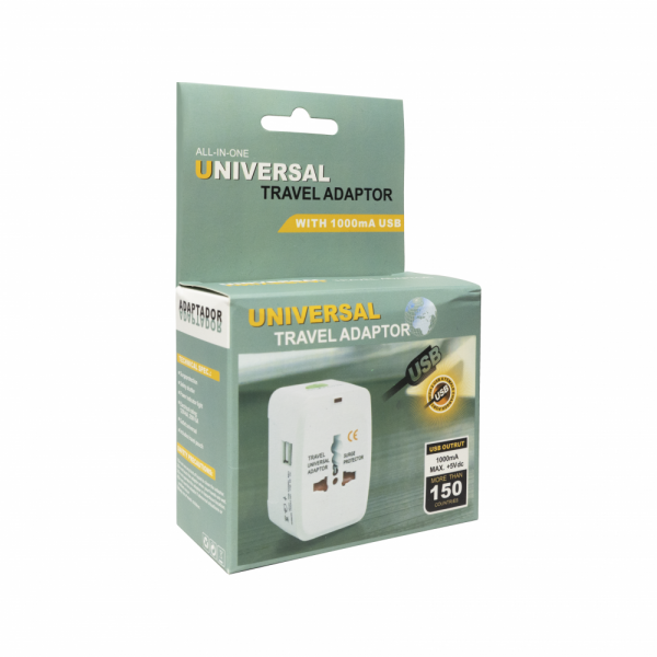 Universal travel adapter - charger No brand, 2xUSB, 1.0A, EU/US/UK/AU to EU/US/UK/AU, 220V, White 